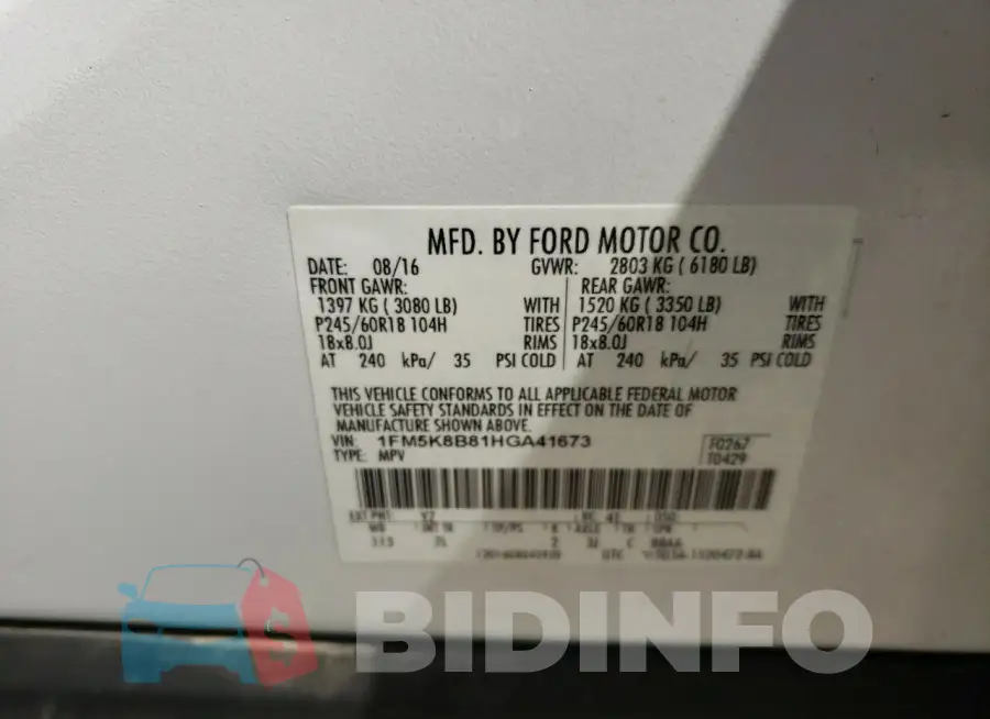 1FM5K8B81HGA41673 Photo# 13