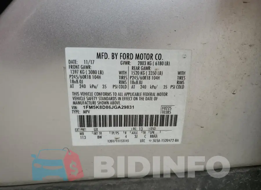1FM5K8D86JGA29831 Photo# 13