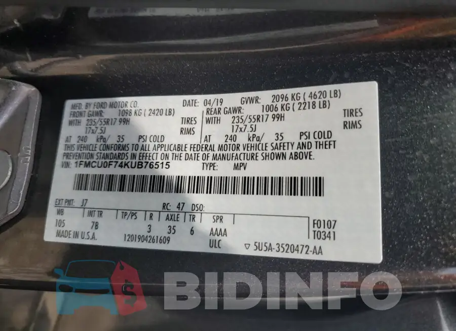 1FMCU0F74KUB76515 Photo# 13