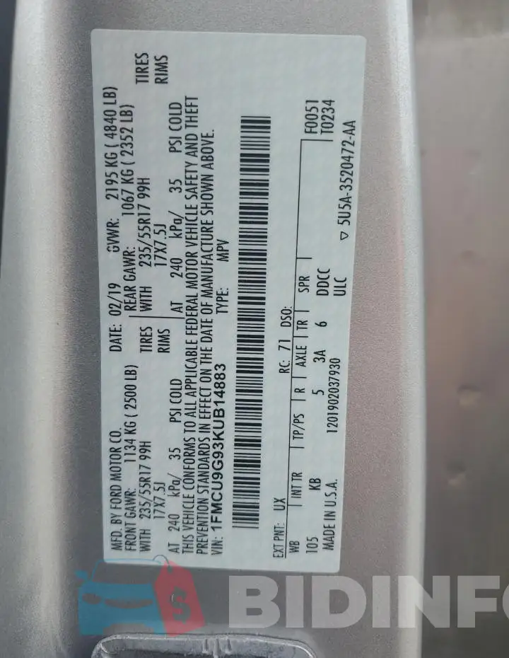 1FMCU9G93KUB14883 Photo# 13