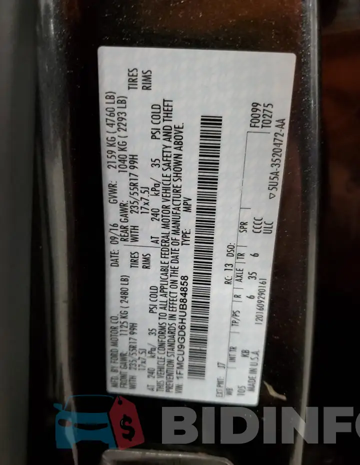 1FMCU9GD6HUB84858 Photo# 13