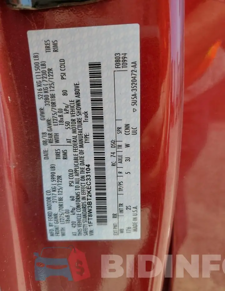 1FT8W3BT2KEC33104 Photo# 12