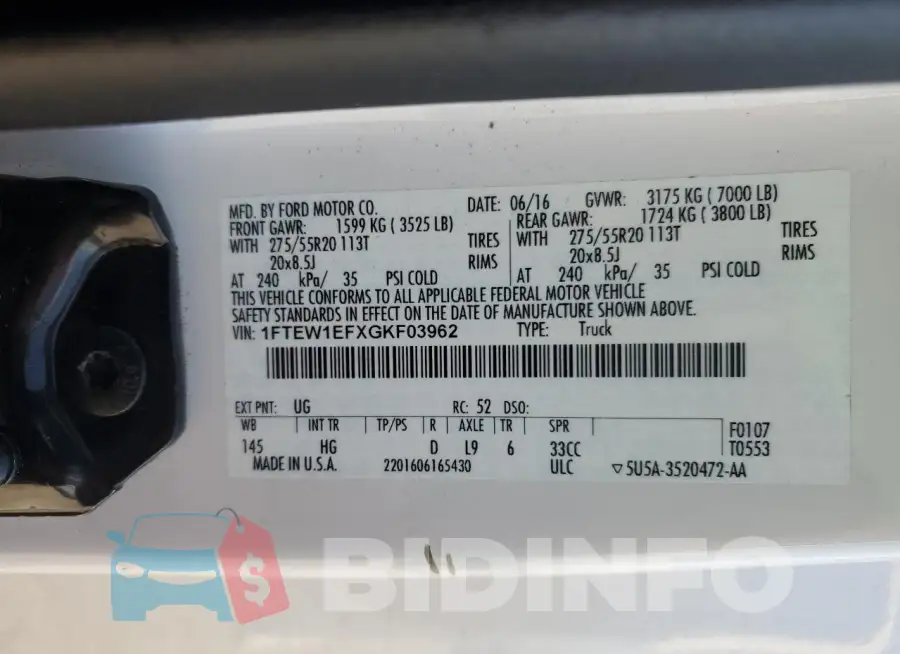 1FTEW1EFXGKF03962 Photo# 12