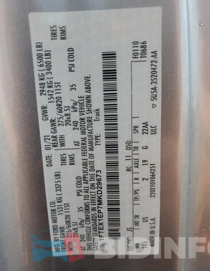1FTEX1EP7MKD29673 Photo# 12