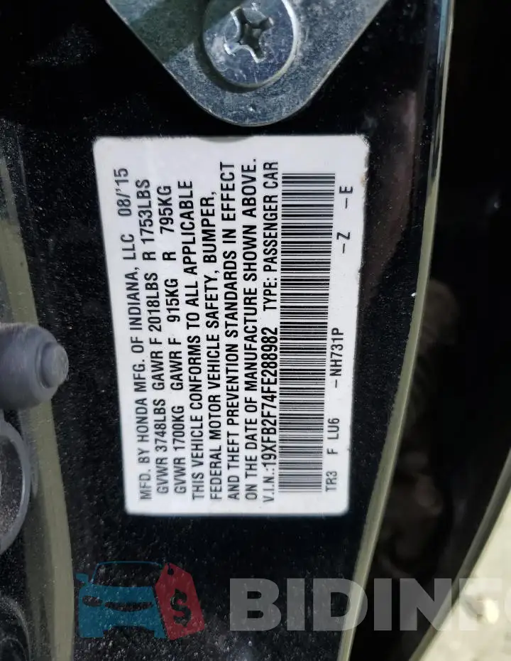 19XFB2F74FE288982 Photo# 13