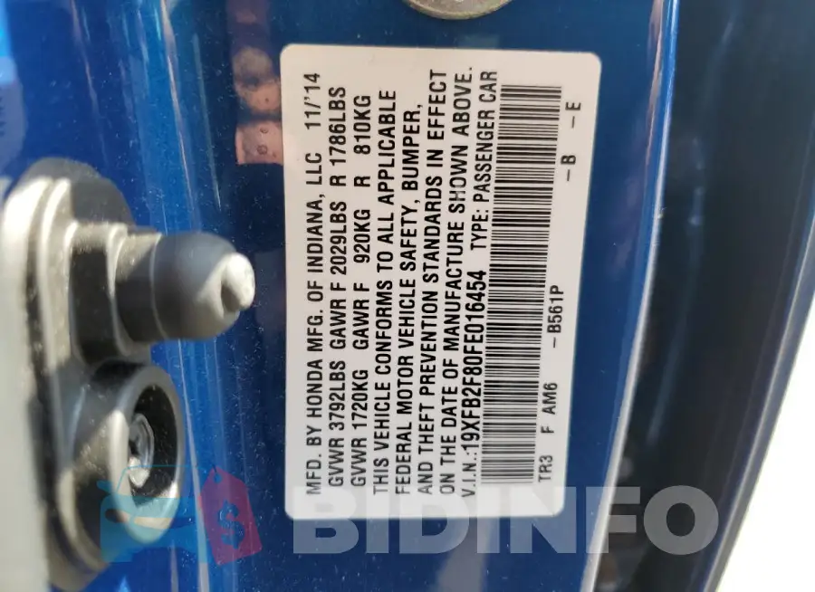 19XFB2F80FE016454 Photo# 12