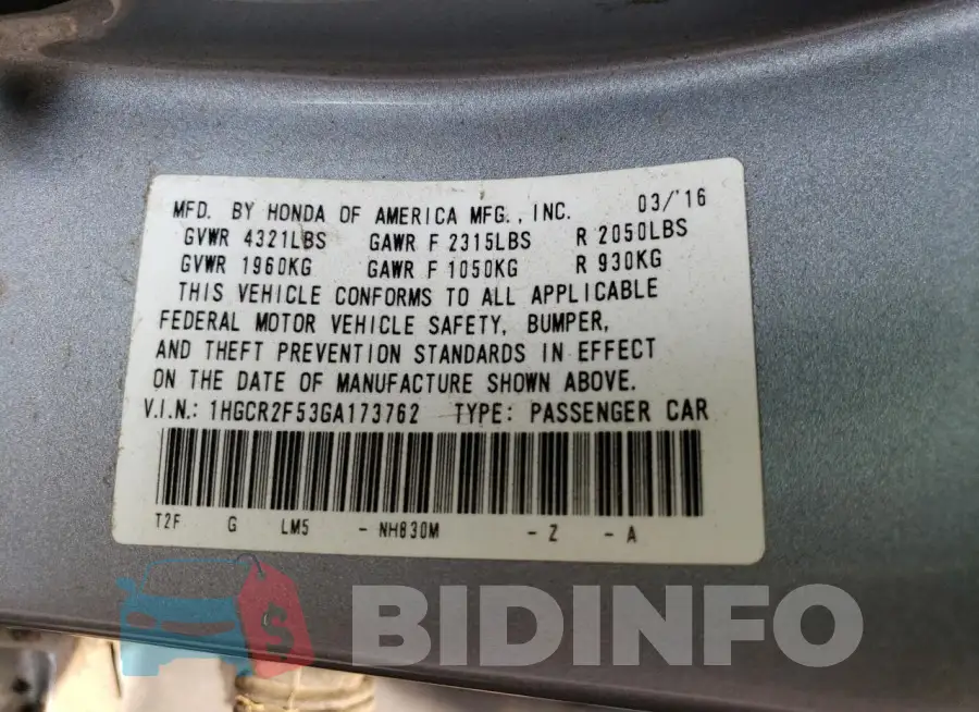 1HGCR2F53GA173762 Photo# 12