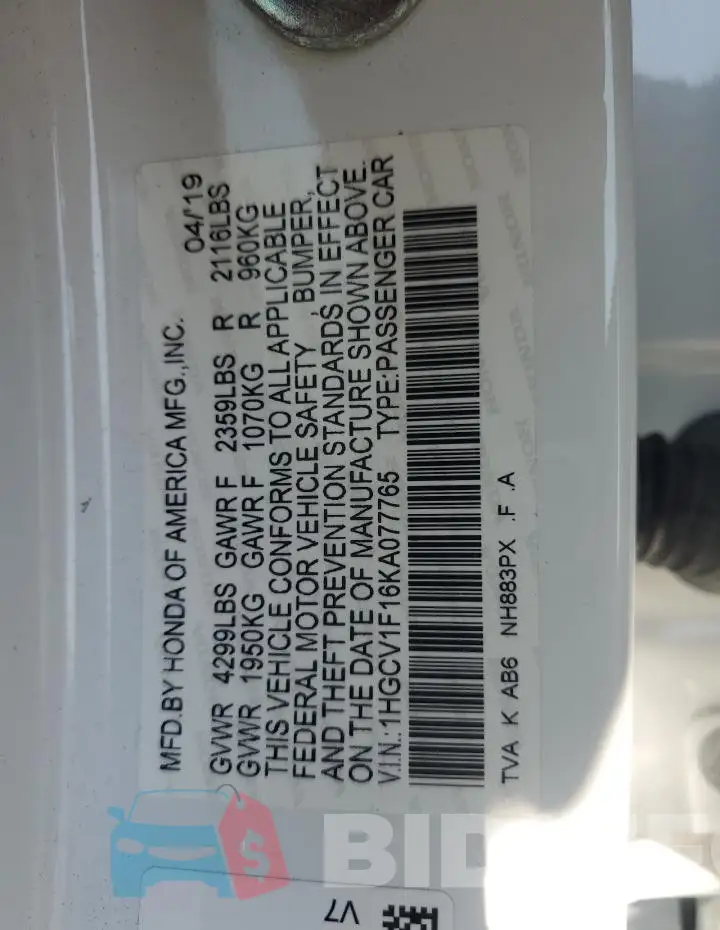 1HGCV1F16KA077765 Photo# 12