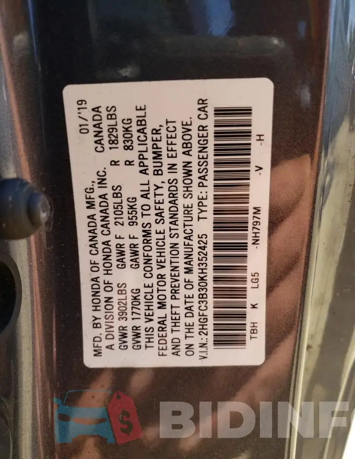2HGFC3B30KH352425 Photo# 13