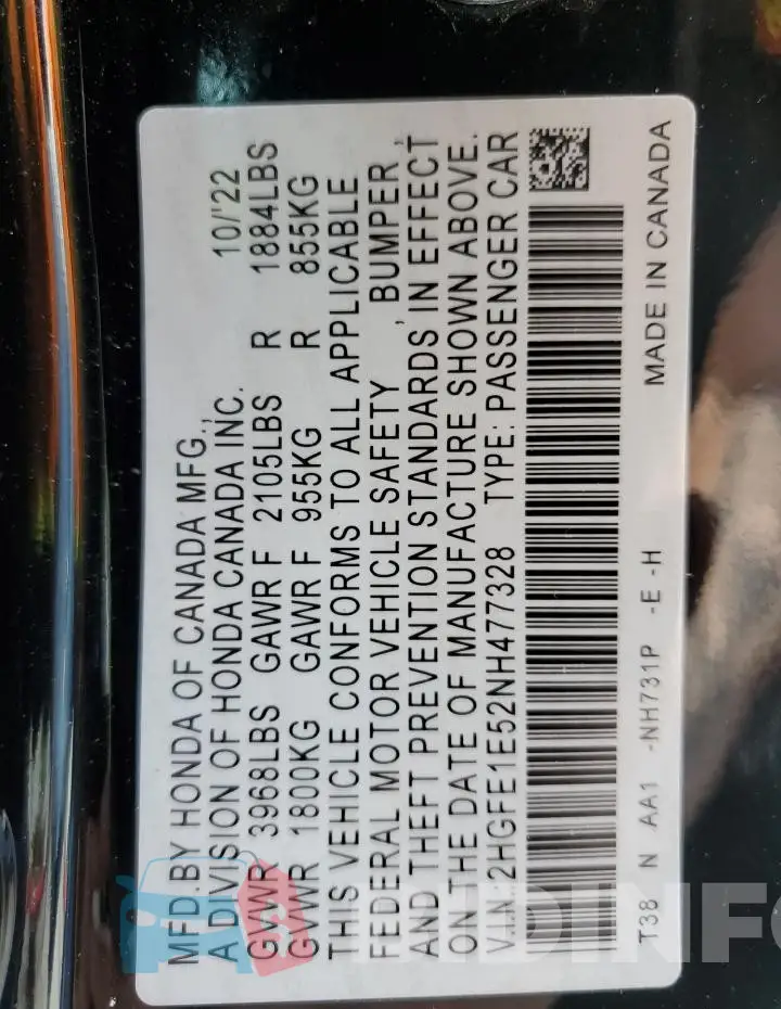 2HGFE1E52NH477328 Photo# 13