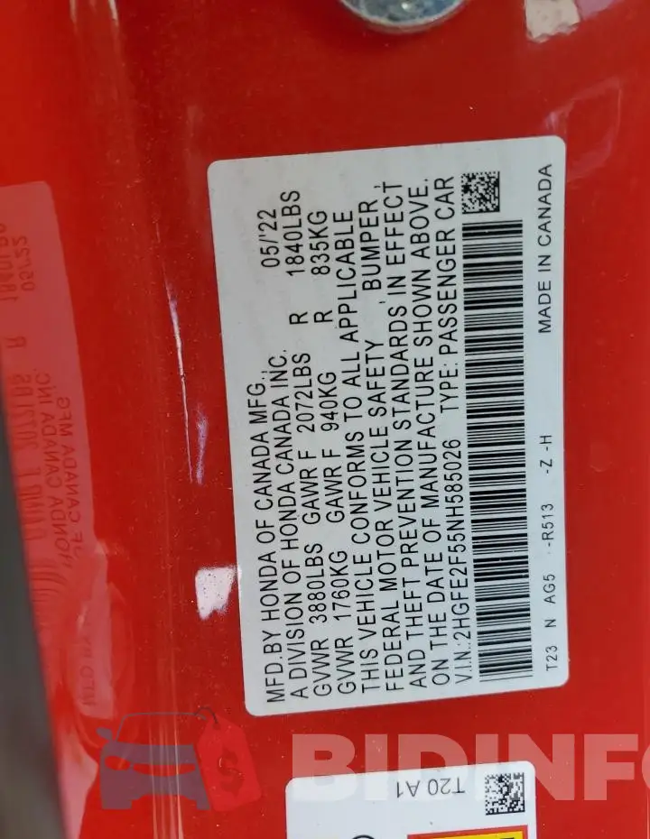 2HGFE2F55NH585026 Photo# 12