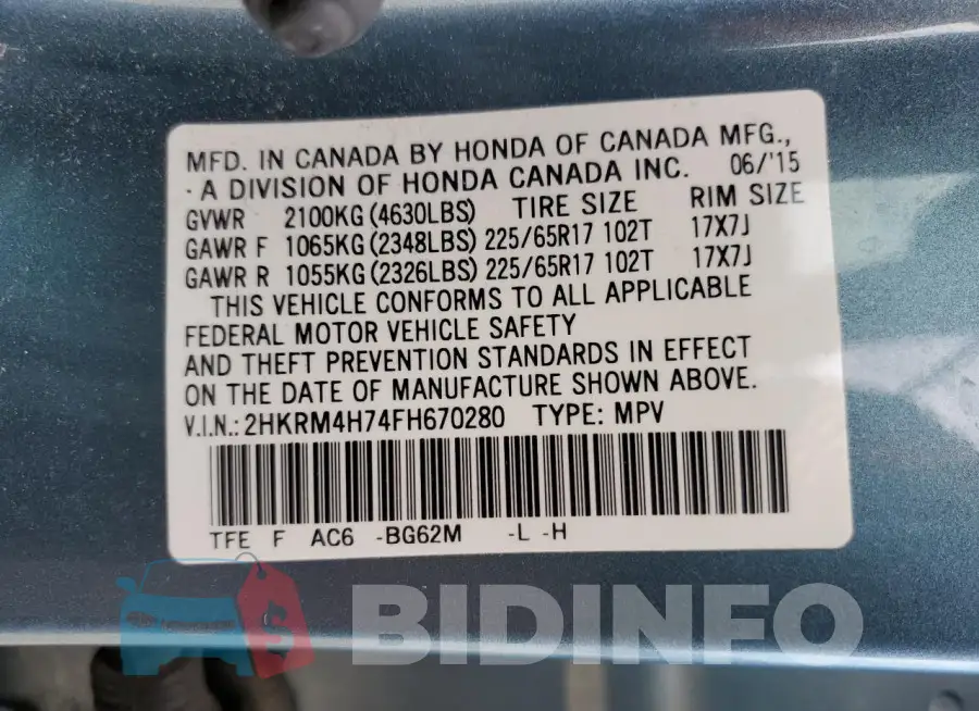 2HKRM4H74FH670280 Photo# 13