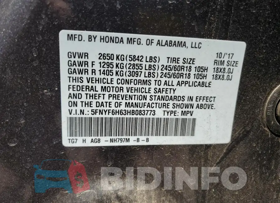 5FNYF6H63HB083773 Photo# 12