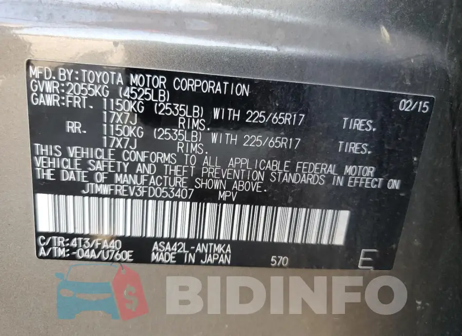 JTMWFREV3FD053407 Photo# 14