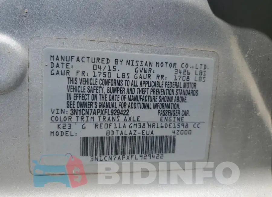3N1CN7APXFL929422 Photo# 12