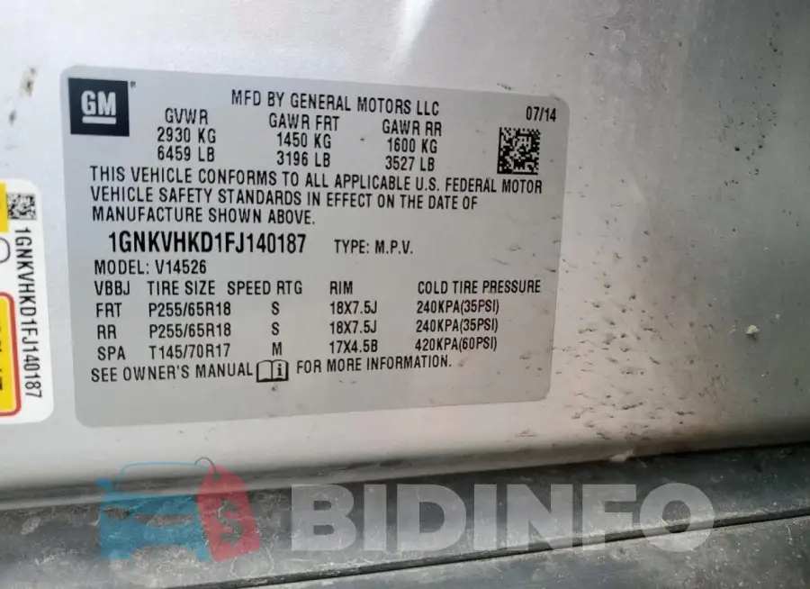 1GNKVHKD1FJ140187 Photo# 12