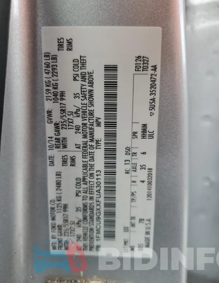1FMCU9GXXFUA30113 Photo# 12