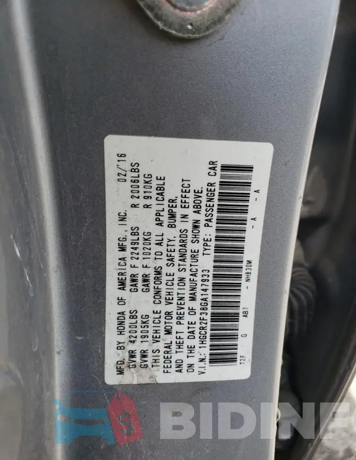 1HGCR2F38GA147933 Photo# 13