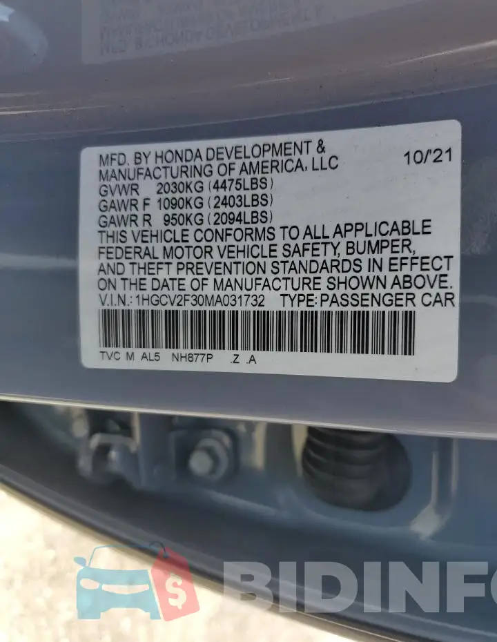 1HGCV2F30MA031732 Photo# 12