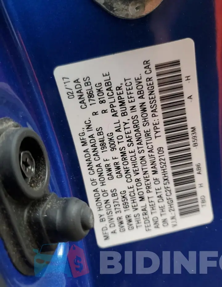 2HGFC2F5XHH522109 Photo# 12