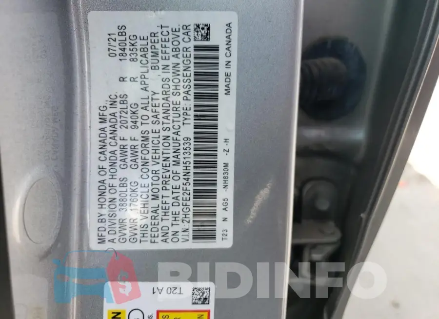 2HGFE2F54NH513539 Photo# 13