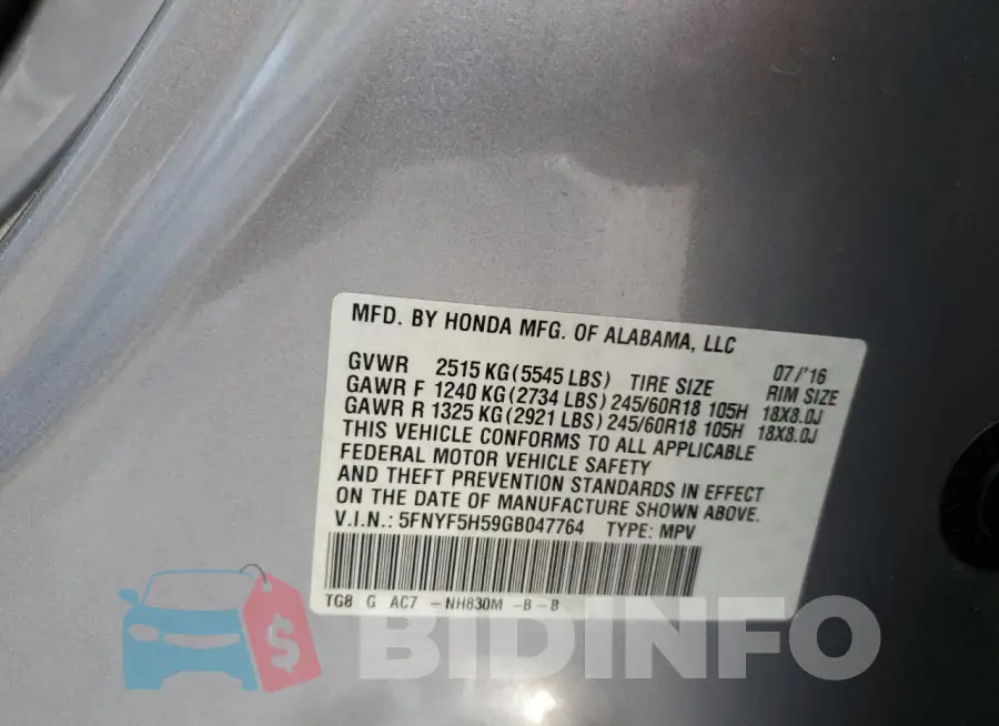5FNYF5H59GB047764 Photo# 13