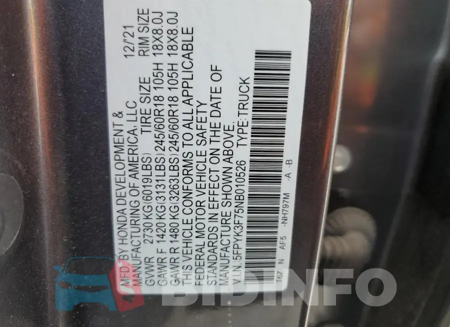 5FPYK3F75NB010526 Photo# 12