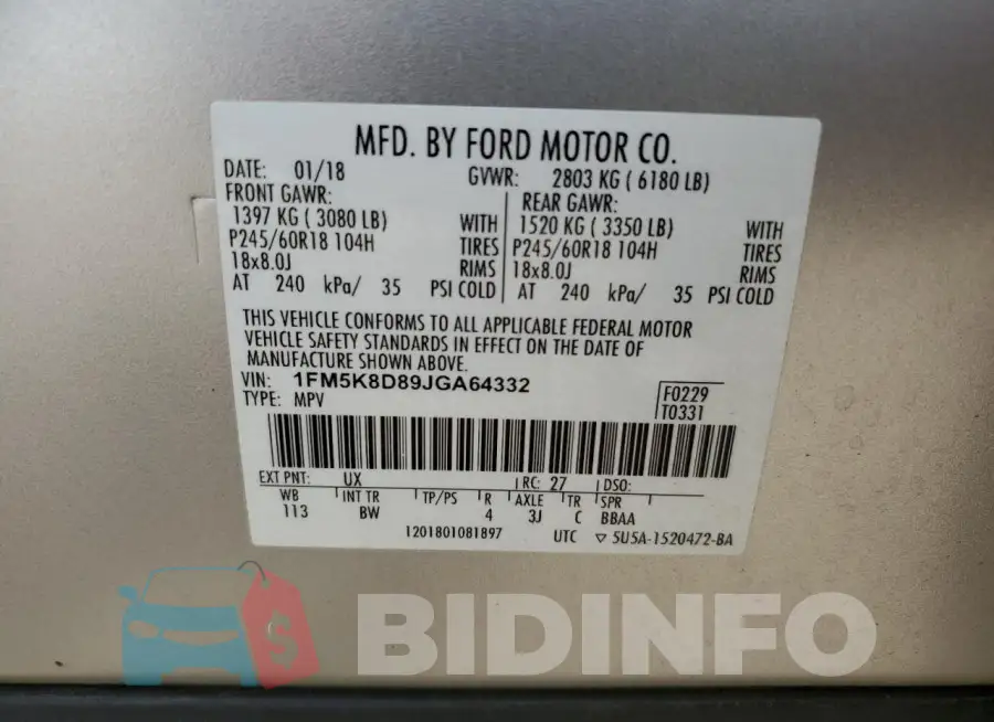 1FM5K8D89JGA64332 Photo# 13