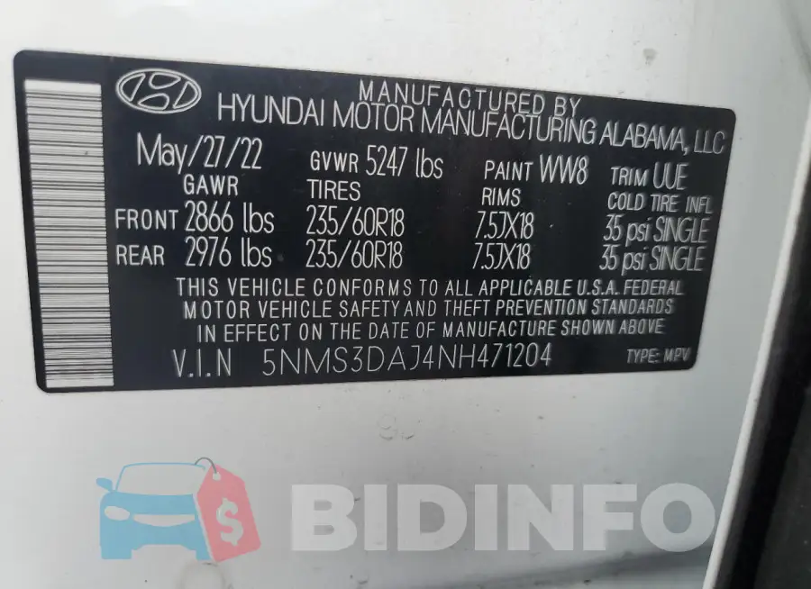 5NMS3DAJ4NH471204 Photo# 13