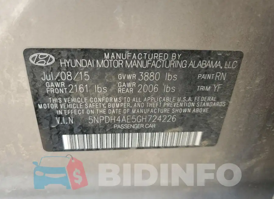 5NPDH4AE5GH724226 Photo# 12