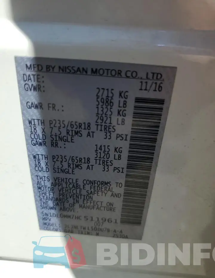 5N1DL0MM7HC511961 Photo# 12