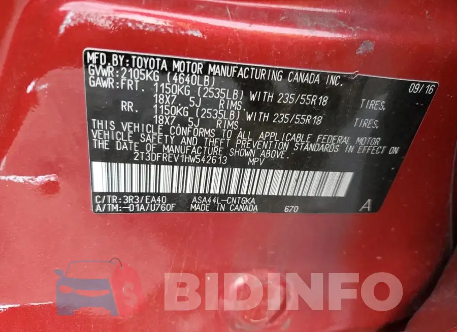 2T3DFREV1HW542613 Photo# 13