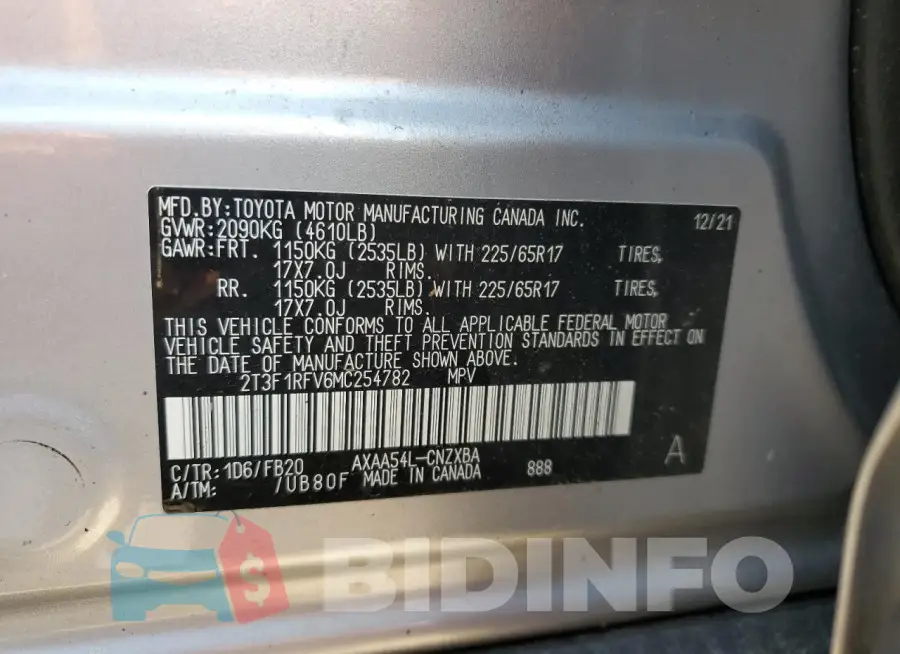 2T3F1RFV6MC254782 Photo# 14