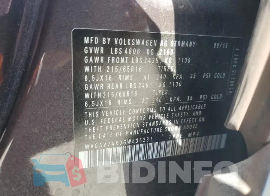 WVGAV7AX0GW535231 Photo# 13