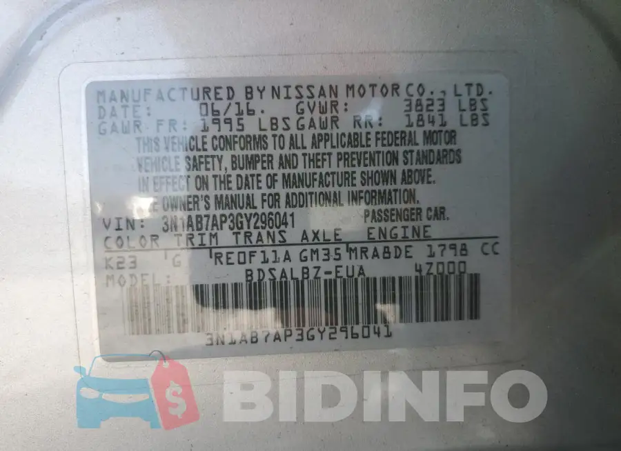 3N1AB7AP3GY296041 Photo# 12