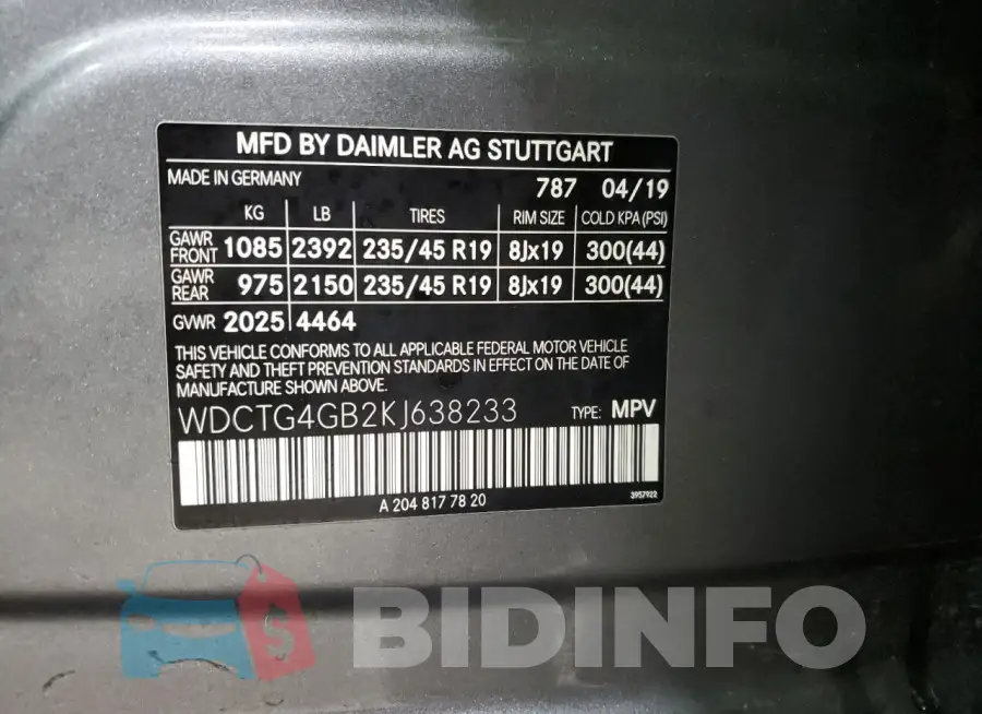 WDCTG4GB2KJ638233 Photo# 13