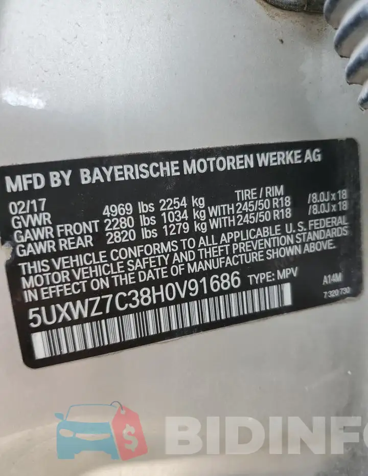 5UXWZ7C38H0V91686 Photo# 13