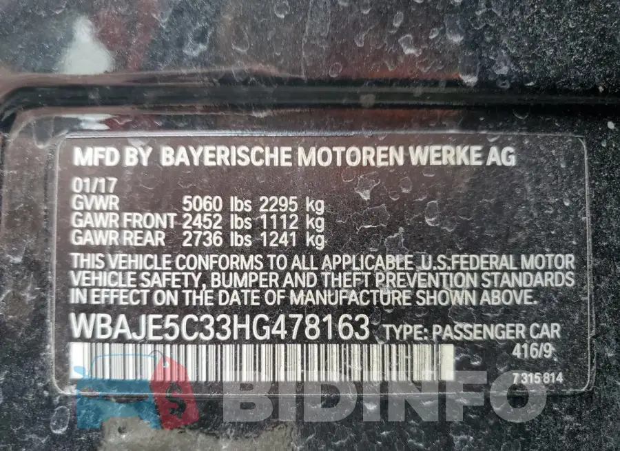WBAJE5C33HG478163 Photo# 12