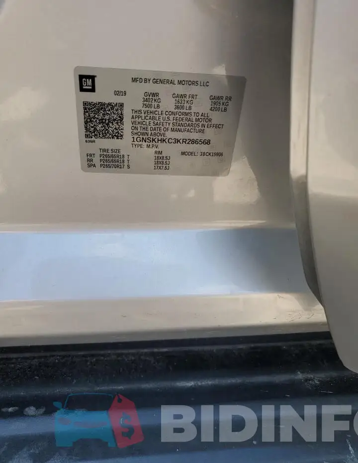 1GNSKHKC3KR286568 Photo# 13