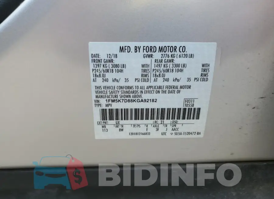 1FM5K7D88KGA92182 Photo# 13
