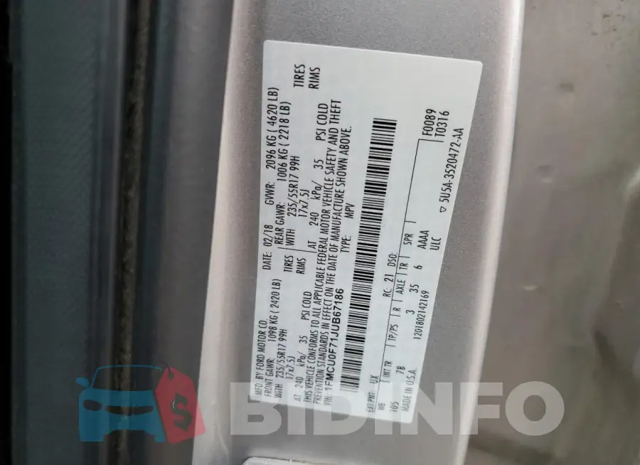 1FMCU0F71JUB67186 Photo# 14