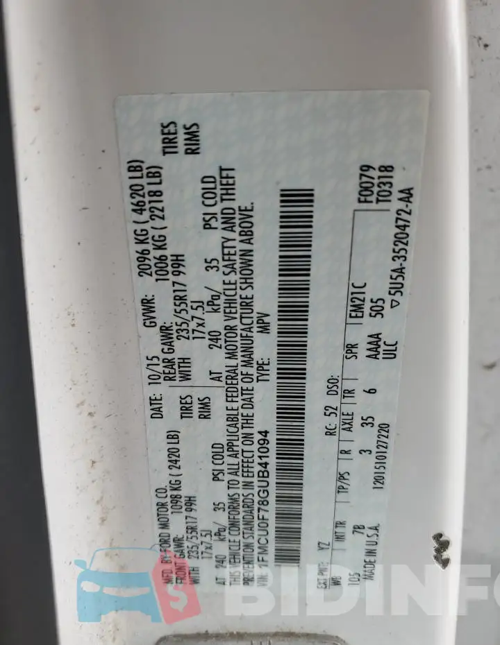 1FMCU0F78GUB41094 Photo# 13
