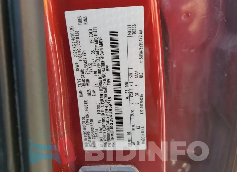 1FMCU0GD9KUB59715 Photo# 13