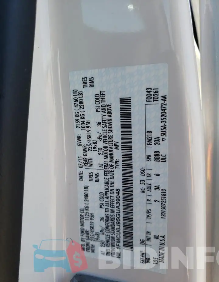 1FMCU0J95GUA39048 Photo# 13
