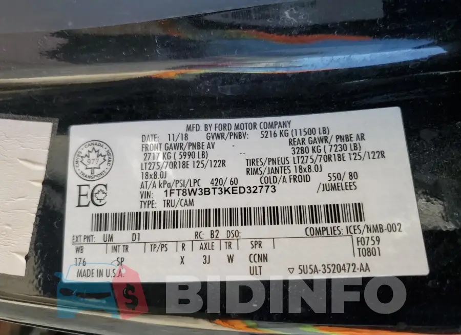 1FT8W3BT3KED32773 Photo# 12
