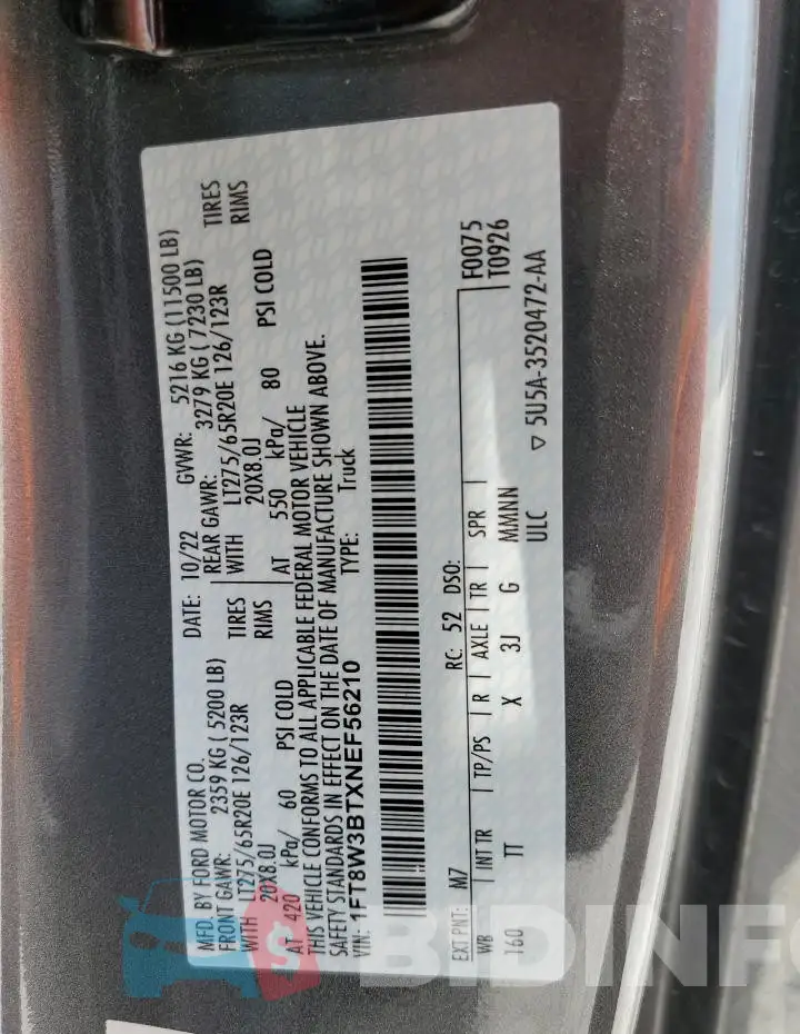 1FT8W3BTXNEF56210 Photo# 12