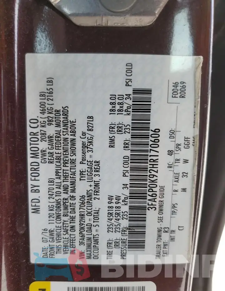3FA6P0K92HR170606 Photo# 12