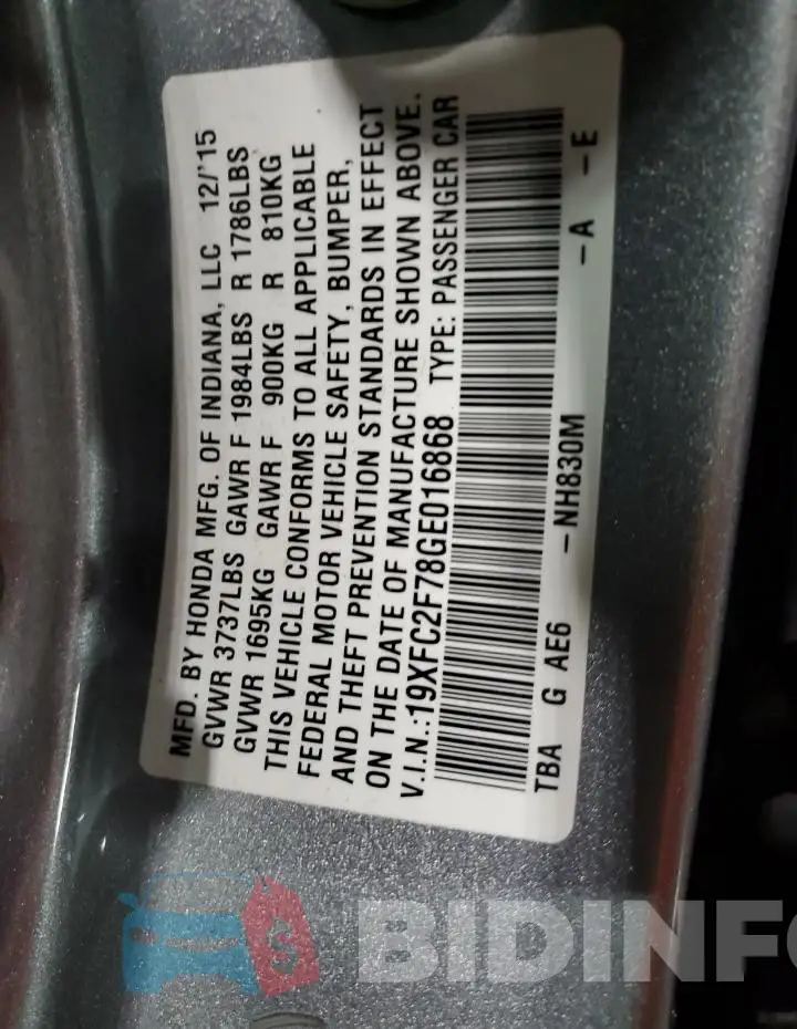 19XFC2F78GE016868 Photo# 12