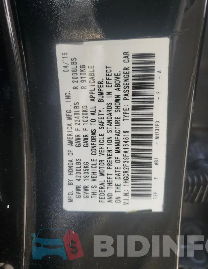 1HGCR2F39FA164819 Photo# 12