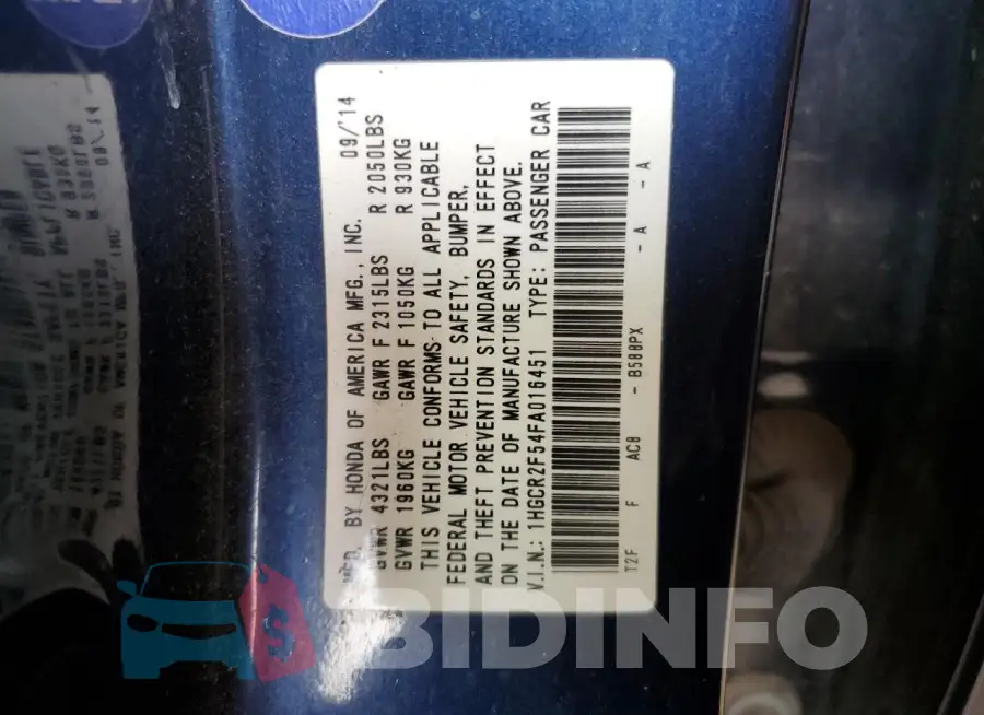 1HGCR2F54FA016451 Photo# 13